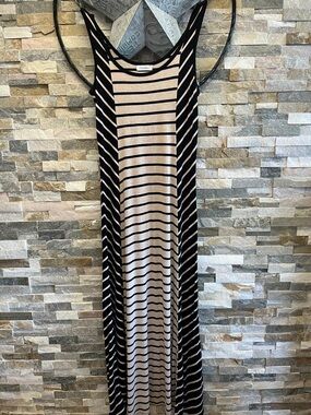 Calvin Klein Black and Cream Striped Sleeveless Maxi Dress 18 PtP